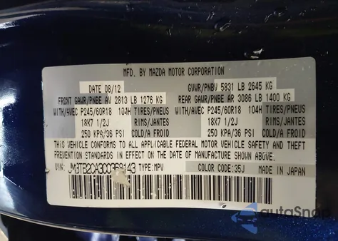 2012 Mazda Cx-9 Touring z USA, uszkodzony, nr VIN JM3TB2CA3C0368143